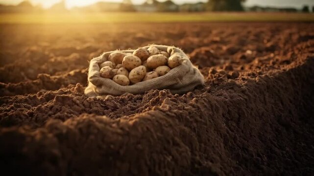 Potatoes are piled inside a burlap sack, their dusty skins peeking through the rough woven fabric.
