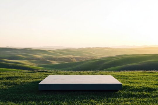 A minimalist, dark grey square platform sits atop vibrant green grass overlooking a serene, sunlit valley of rolling hills