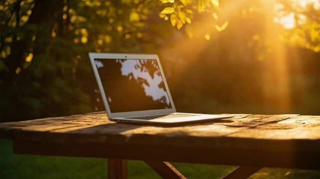 A laptop sits on an outdoor table, sunlight reflecting off its screen as nature surrounds the workspace.
