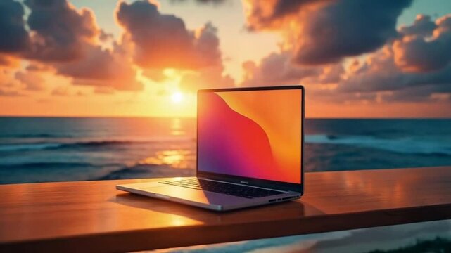 A laptop rests near the edge of the ocean, sea breeze rustling papers and waves crashing nearby.
