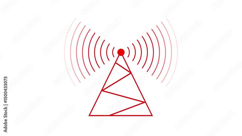 Poster radio tower emitting signals for wireless communication. animated red radio tower transmitting signa