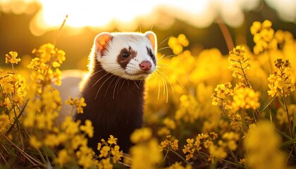 Ferret in sunset canola field.