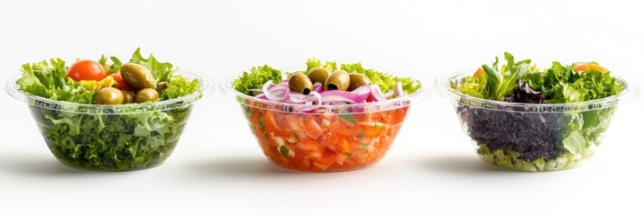 Three clear plastic bowls of assorted salads