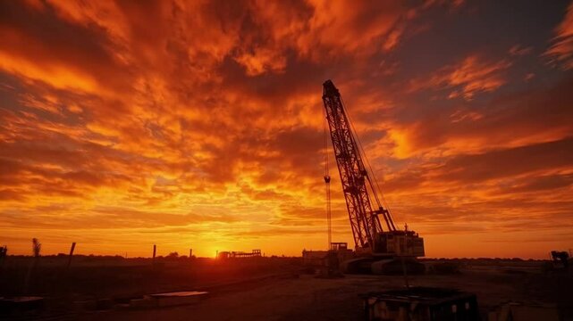 A construction site in the late afternoon glows under the golden light, shadows stretching across machinery and scaffolding.
