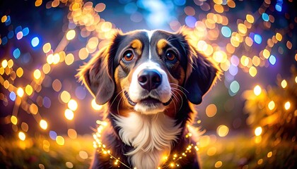 Festive Dog Portrait with Bokeh Lights.