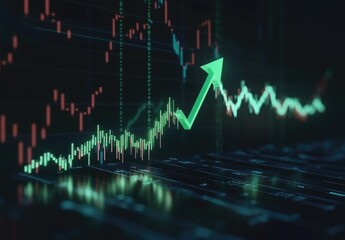 Stock market chart with rising green arrow