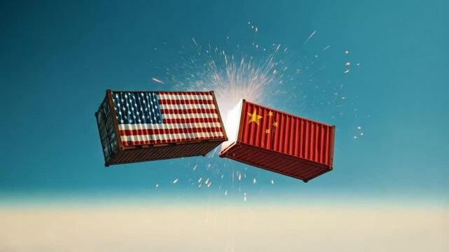 Shipping containers from the USA and China are stacked high at a busy port, symbolizing global trade and economic rivalry.
