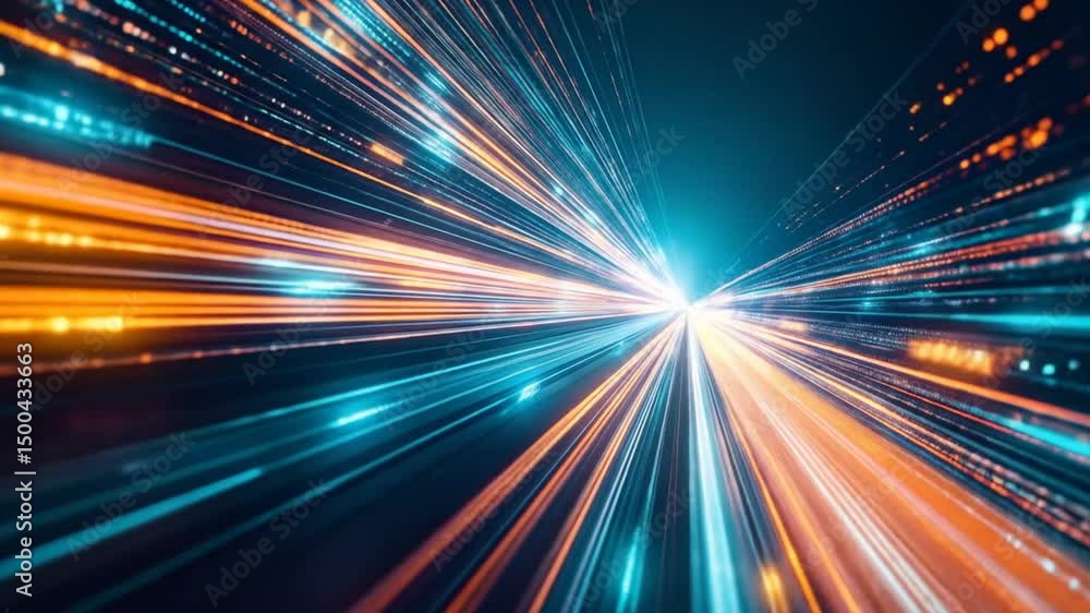 Poster abstract speed of light and data transfer connection with blue and orange colors