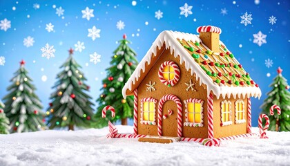 Festive Gingerbread House with Snowy Scene.