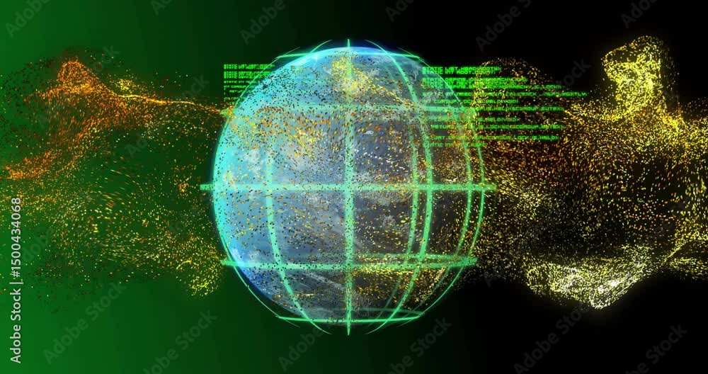 Poster particle cloud emerging from left and enveloping 3d globe, tracing neon grid lines visualizing data