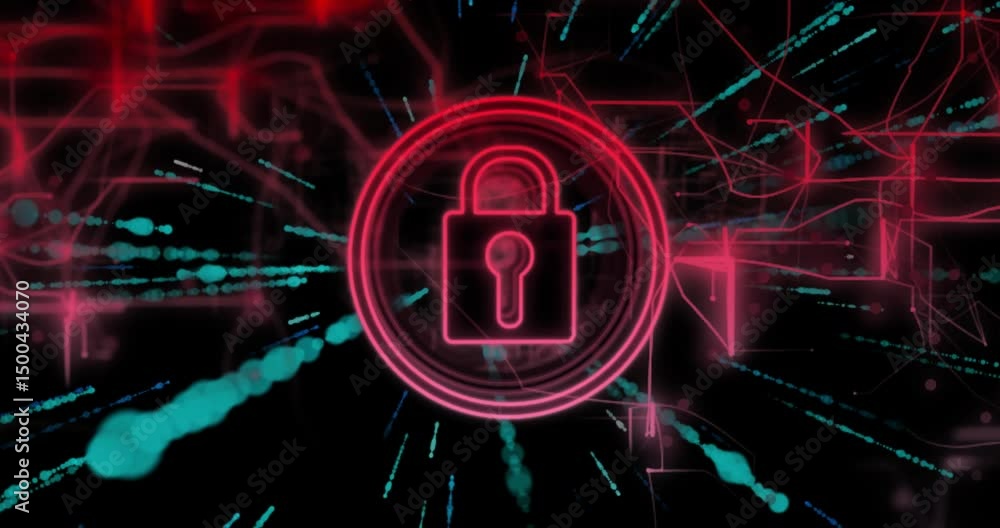 Poster circle appearing initiating neon padlock pulsing lines tracing and data streams radiating security