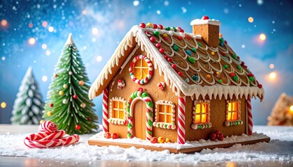 Festive Gingerbread House with Winter Scene.