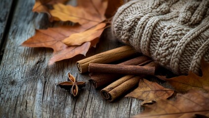 Fototapeta premium Autumn Sweater with Cinnamon, and Leaves.