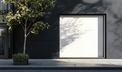 A minimalist storefront with a blank white square display window, set against a dark grey textured wall, partially shaded by a tree and its leaves.  A small bush sits in a planter beside the wall
