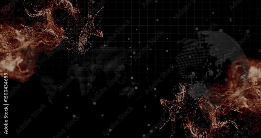 Aufkleber grid appearing as orange clusters materializing swirling around globe fading to show global flow