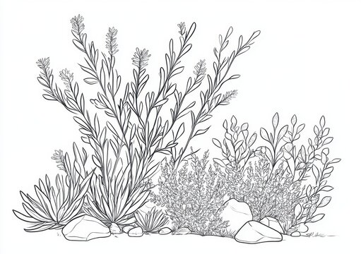 Illustrazione botanica in bianco e nero di arbusti