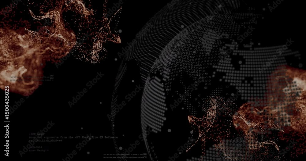 Poster on red clouds emerging, digital globe rotating in 3d while particles swirling around for data flow