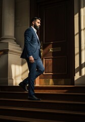 Formal Portrait Of A Man In Suit Walking Down Stairs By A Brown Door