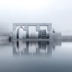 Obraz premium Modern Hydraulic Facility in Misty Landscape with Calm Water Reflection