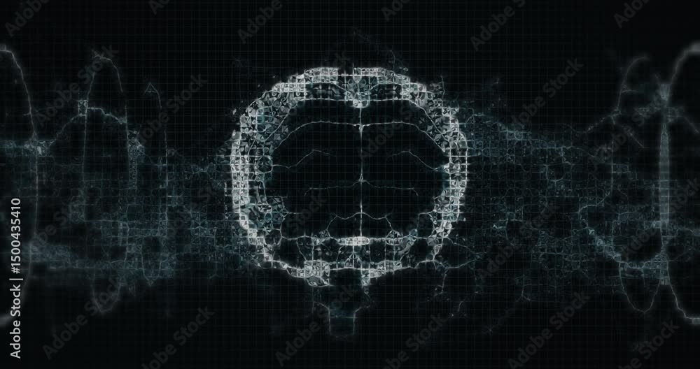 Poster starting blank frame, grid appearing, wireframe brain pulsing waveform showing neural links fading