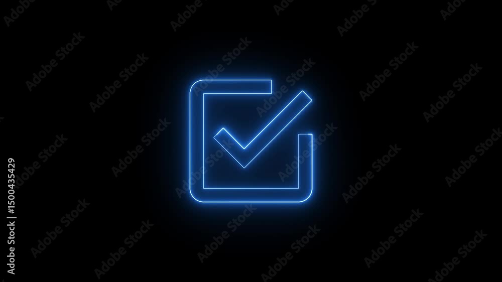 Poster check mark in box symbolizing approval. animated neon check mark in a box sign glowing blue on a bla