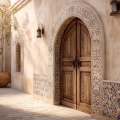Intricate Doorway with Decorative Tile Patterns in Warm Environment