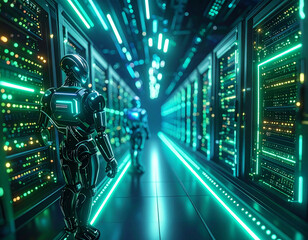 Abstract Illustration of Robotics Working in Huge Corporate Computer Data Center