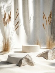 Minimalist scene two pale cylindrical platforms, flanked by beige rocks and dried grass, set against a sheer white curtain, bathed in soft sunlight