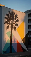 Geometric Palm Tree Mural with Colorful Triangles and Shadows Photo