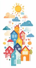 Colorful houses with sunny sky, and clouds.