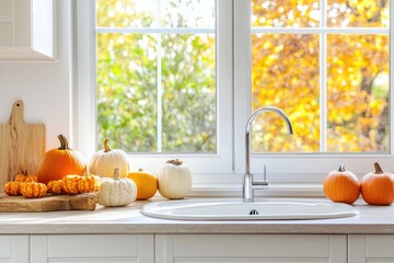 Autumnal kitchen countertop with pumpkins and a window view