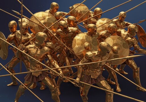 Golden Armored Soldiers In Battle With Spears And Shields Illustration