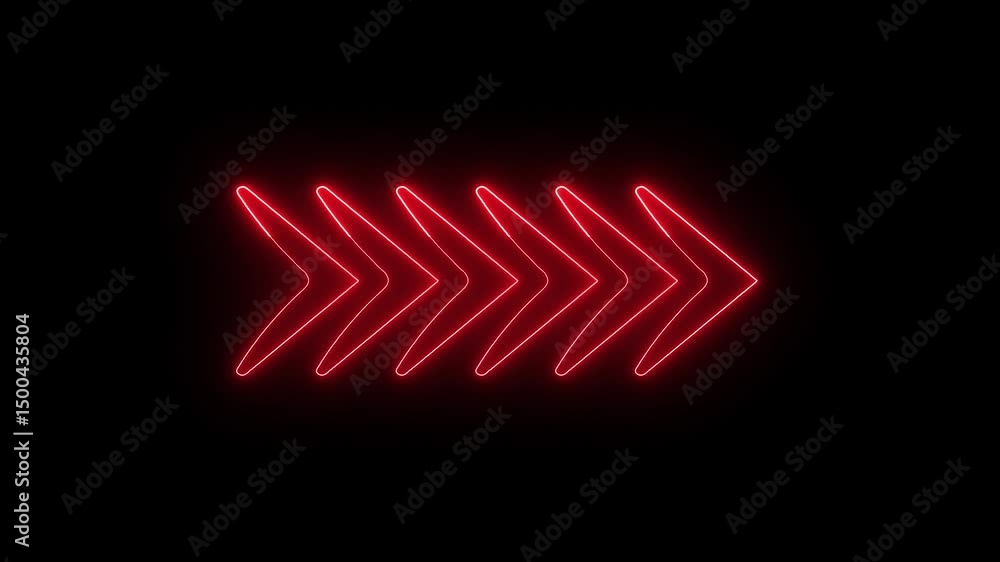 Poster directional arrow design showing progress forward. glowing red neon arrow directional design on a bl