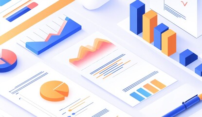 Colorful data visualizations, charts, and graphs in isometric style on a white background