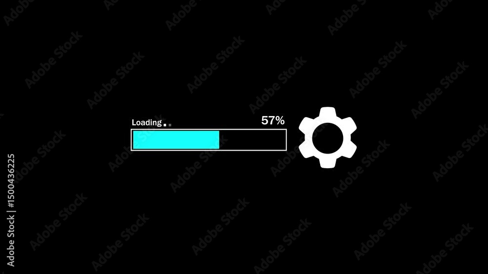 Poster loading progress bar with gear animation at 34 percent. progress bar loading with animated gear icon