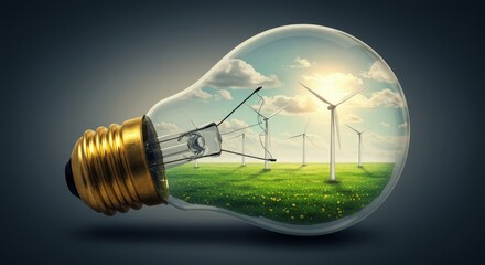 Illustration of Light Bulb with Wind Turbines and Green Field on Day