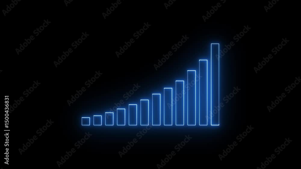 Poster bar graph showing growth and positive trend data. rising neon bar graph visualization on black backg