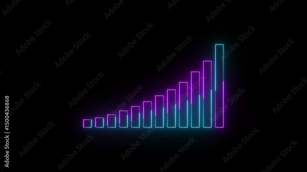 Poster upward bar graph showing progress and financial growth. animated neon bar graph rising visualizing g