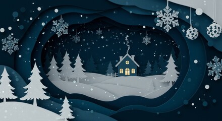 Illustration of Winter Night Scene Snowy House and Trees with Snowflakes in Blue Tones