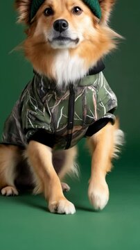 Adorable fluffy dog wearing a green knitted cap and a camouflage print jacket against a plain green background