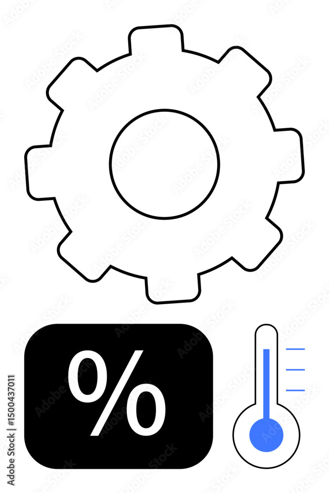Poster gear, percentage block, thermometer with temperature levels highlight optimization, statistics, and 