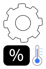 Gear, percentage block, thermometer with temperature levels highlight optimization, statistics, and analysis. Ideal for efficiency, performance, data, productivity metrics engineering flat simple