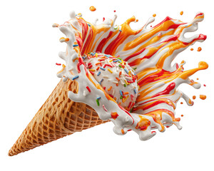 Vibrant ice cream cone with scoop of ice cream is splashing colorful toppings and creamy swirls, creating joyful and playful scene. burst of colors adds excitement and fun to this delicious treat