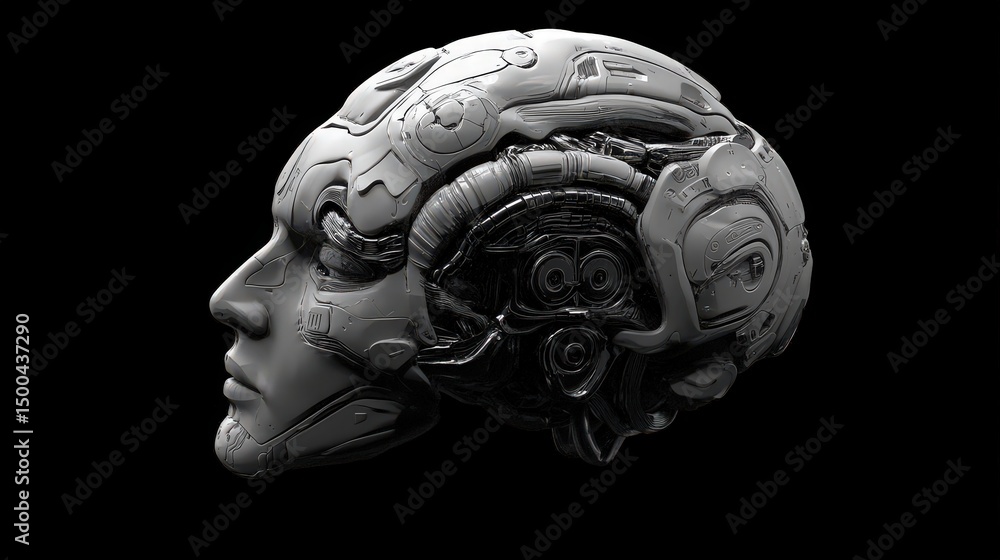 Poster intricate grayscale 3d render showcasing advanced humanoid cybernetic integration