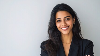 Obraz premium Confident Indian Businesswoman with Dark Hair Smiling at Camera