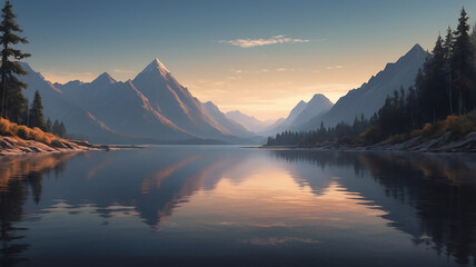 A calm lake reflects golden light at sunset, bordered by dark hills and layered mountains fading into the distance, with the tallest peak rising sharply about 10 km away under a glowing peach sky.