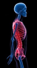 Medical Illustration of Human Skeleton Showing Red and Blue Bones