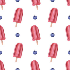 Hand drawn seamless watercolor pattern of watercolor ice pop fruit bar with blueberry, isolated on white background