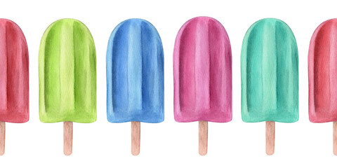 Hand drawn seamless watercolor pattern border of watercolor ice pop fruit bars in different colours and assorted tastes, isolated on white background