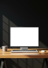 Minimal Workspace with Computer Keyboard and Cup on Wooden Desk Photo